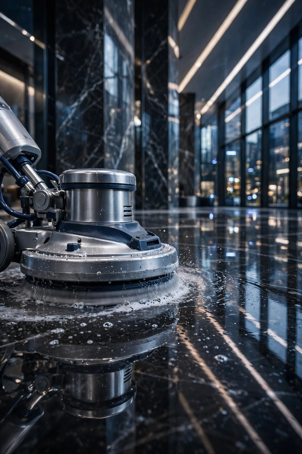 Floor machine polishing a black marble lobby floor