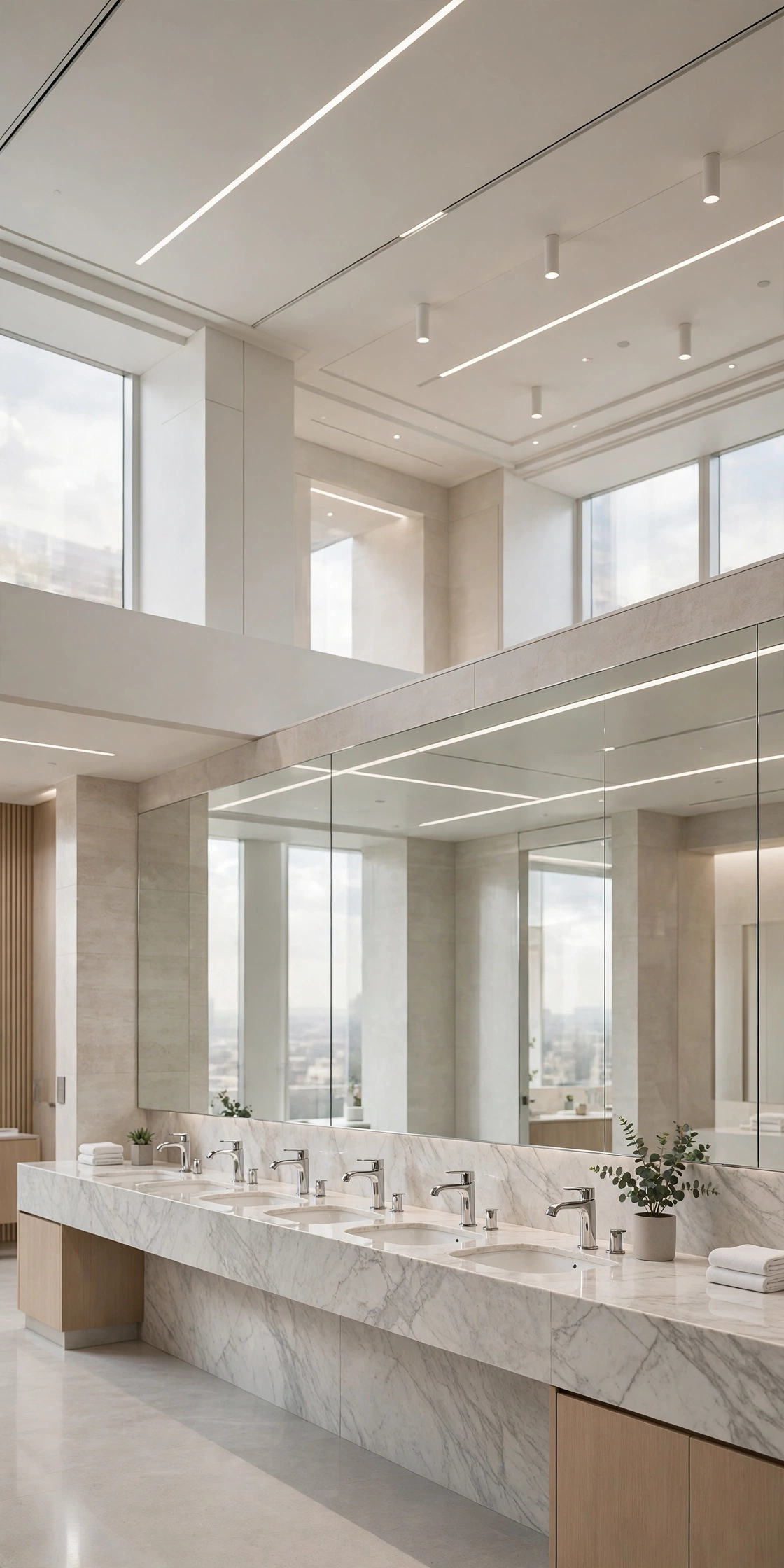 Spotless, bright commercial restroom with marble counters